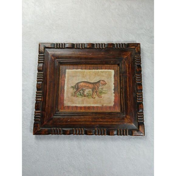 Rustic Carved Wood Frame Tiger Print Art by The Great Indoors UV Protective - Picture 1 of 11